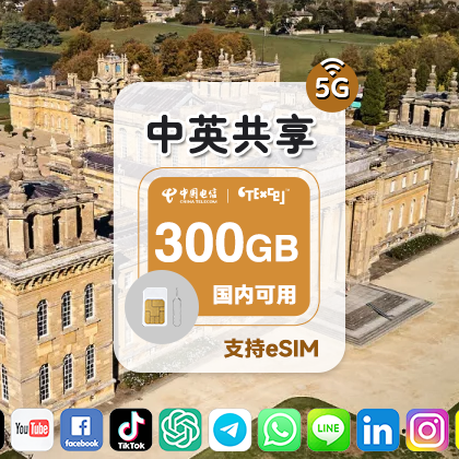 300GB 中英共享流量 高速稳定 大陆可用5G电话卡 跨境电商卡