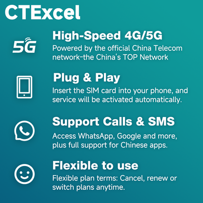 CTExcel China SIM Card 30 Days 50GB | High-Speed 5G/4G Data | Support Voice Calls & SMS | Hotspot Supported | Refillable Plan | Auto-Activation | Official China Telecom Network | 24×7 Support